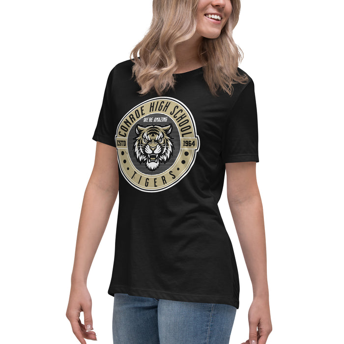 Side view of Conroe High School Tigers Women's Black T-shirt 224