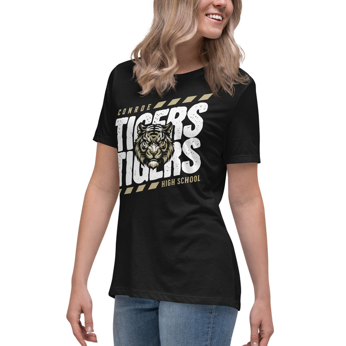 Side view of Conroe High School Tigers Women's Black T-shirt 223