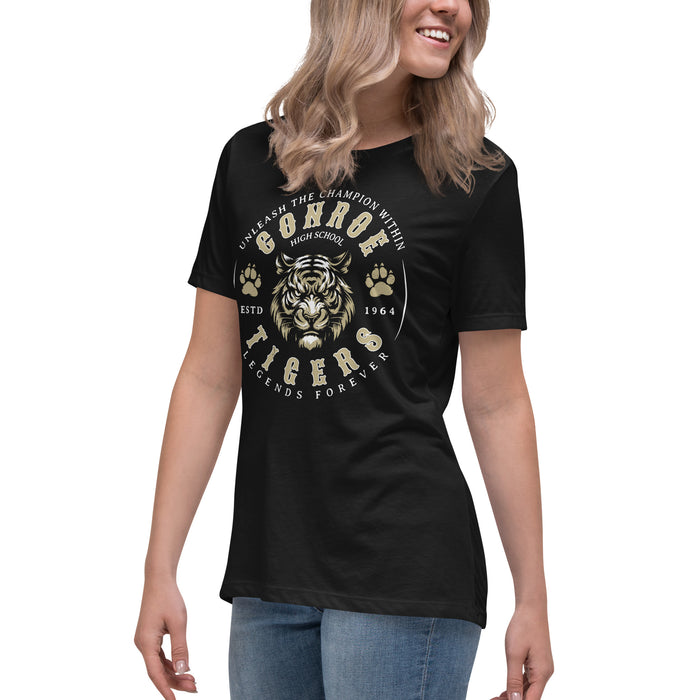 Side view of Conroe High School Tigers Women's Black T-shirt 214