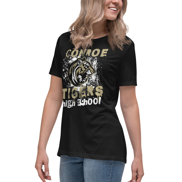 Side view of Conroe High School Tigers Women's Black T-shirt 205