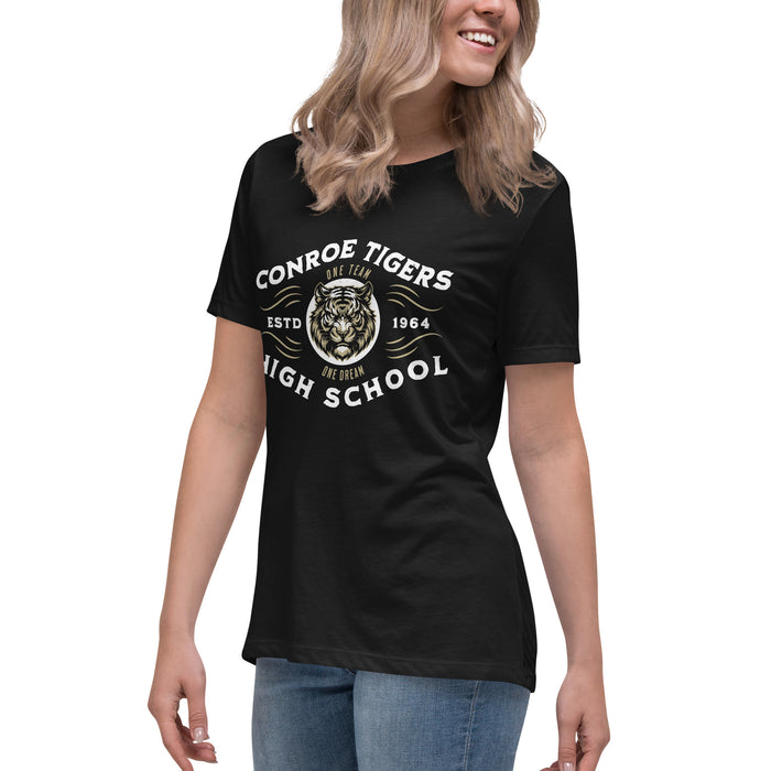 Side view of Conroe High School Tigers Women's Black T-shirt 230