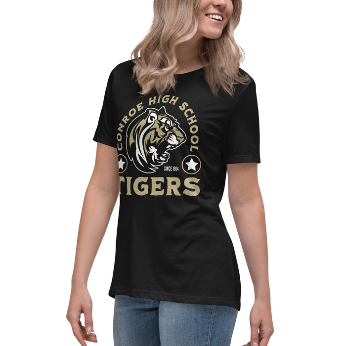 Side view of Conroe High School Tigers Women's Black T-shirt 208