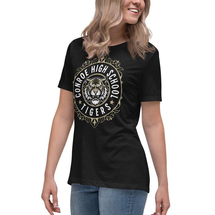 Side view of Conroe High School Tigers Women's Black T-shirt 227