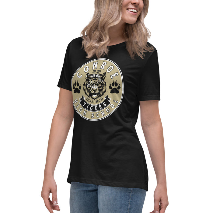 Side view of Conroe High School Tigers Women's Black T-shirt 215