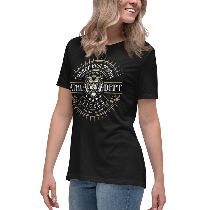 Side view of Conroe High School Tigers Women's Black T-shirt 201