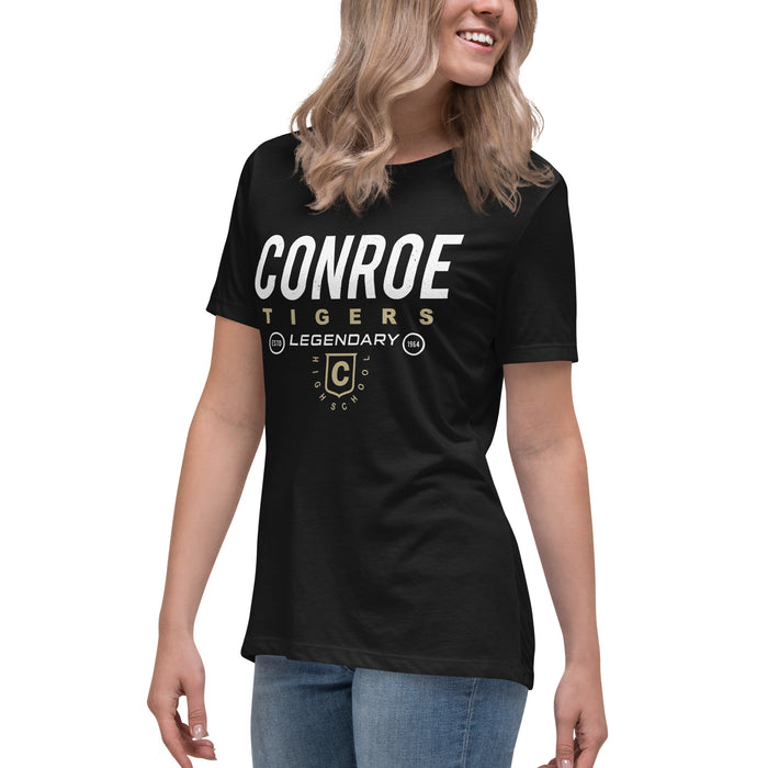 Side view of Conroe High School Tigers Women's Black T-shirt 003