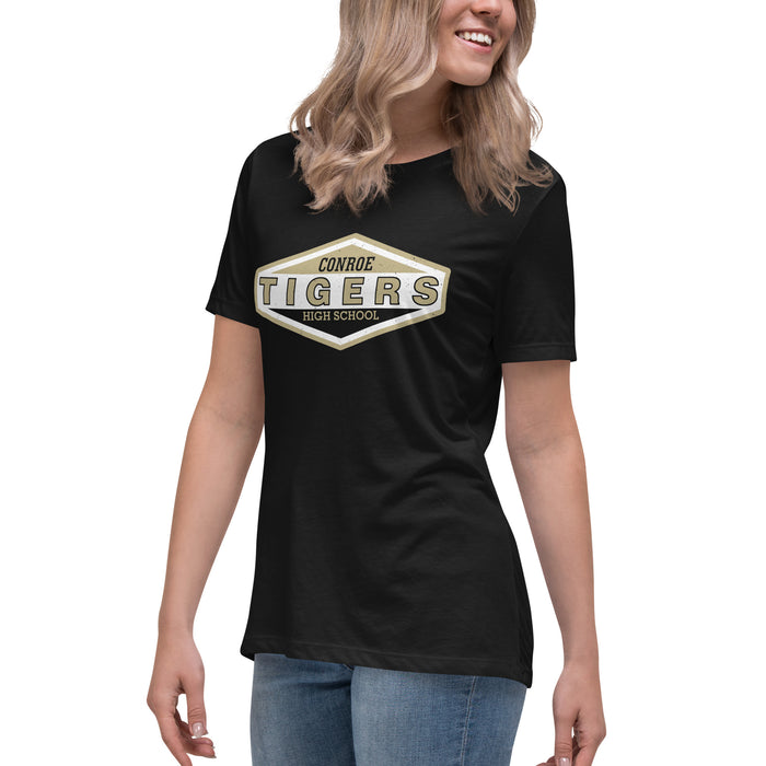 Side view of Conroe High School Tigers Women's Black T-shirt 009