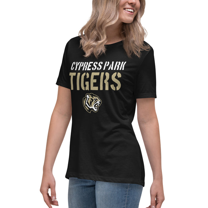 Side view of Cypress Park High School Tigers Women's Black T-shirt 017