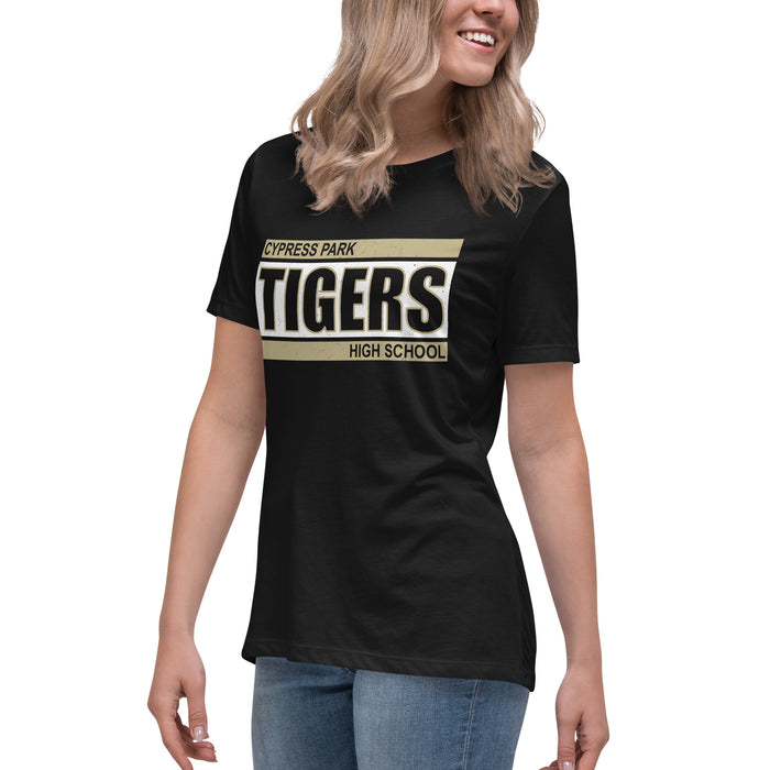 Side view of Cypress Park High School Tigers Women's Black T-shirt 098