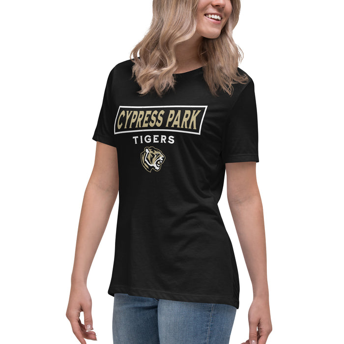 Side view of Cypress Park High School Tigers Women's Black T-shirt 202