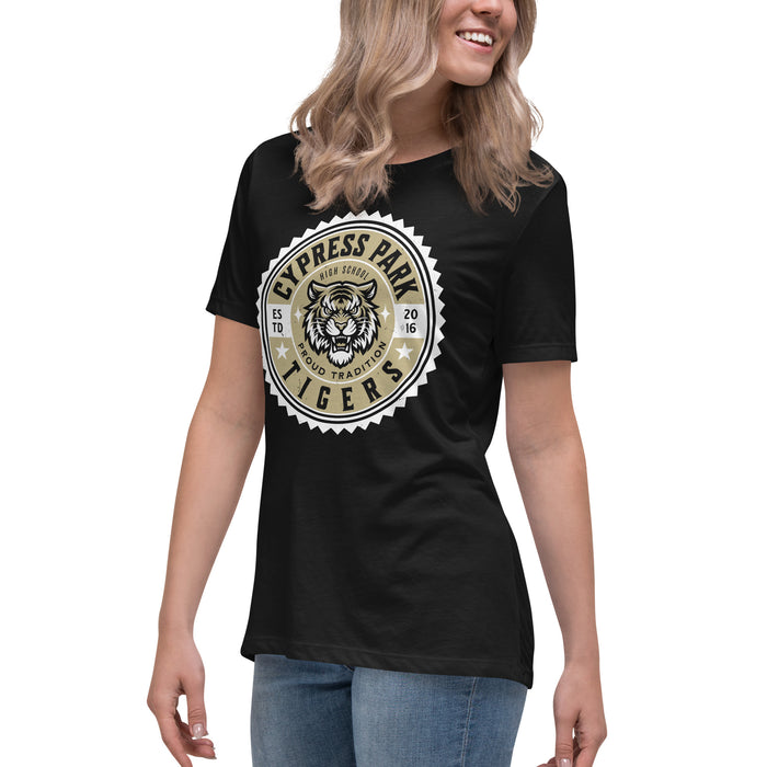 Side view of Cypress Park High School Tigers Women's Black T-shirt 203