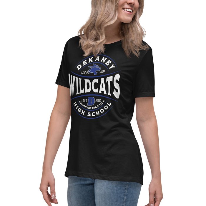 Side view of Dekaney High School Wildcats Women's Black T-shirt 218