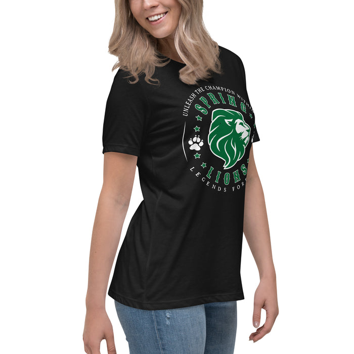 Side view of Spring High School Lions Women's Black Relaxed T-shirt 214