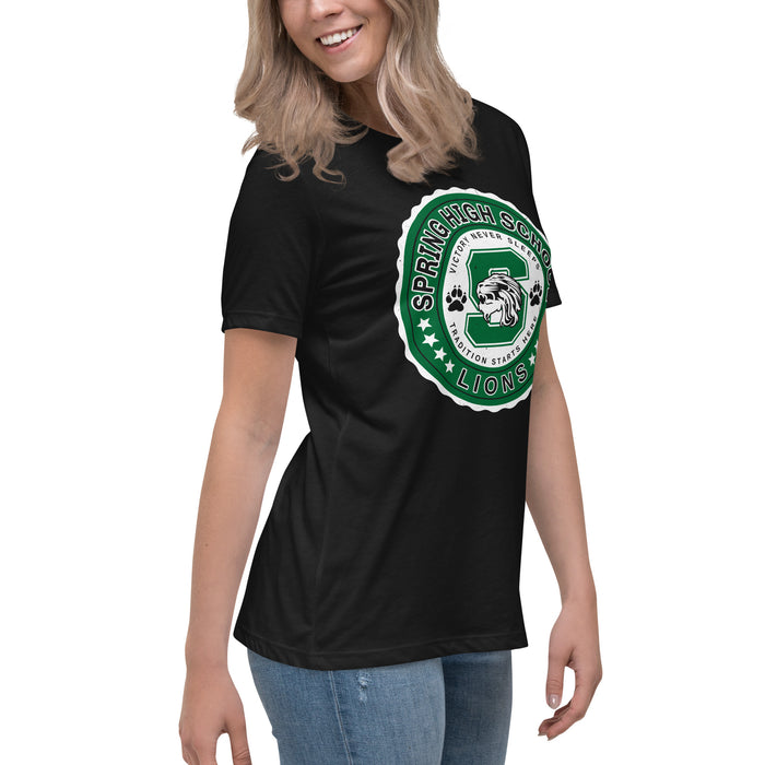 Side view of Spring High School Lions Women's Black Relaxed T-shirt 216