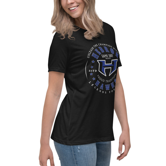 Side view of Hebron High School Hawks Women's Relaxed Fit T-shirt 214