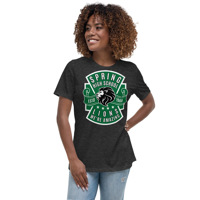 Woman wearing Spring High School Lions Women's Dark Grey Relaxed T-shirt 207