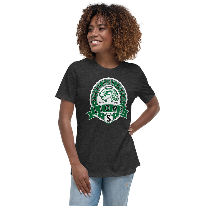 Woman wearing Spring High School Lions Women's Dark Grey Relaxed T-shirt 212