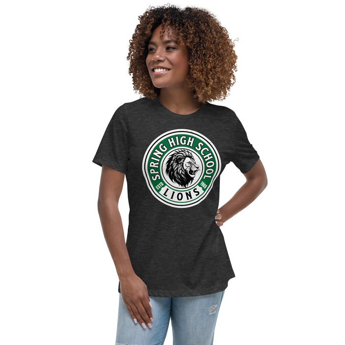 Woman wearing Spring High School Lions Women's Dark Grey Relaxed T-shirt 220