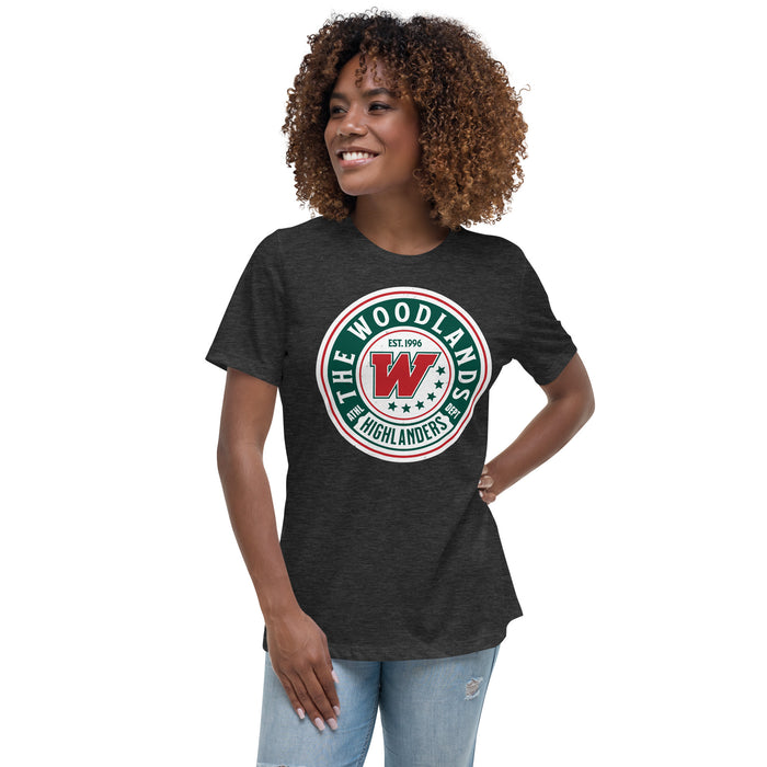 Woman wearing The Woodlands High School Highlanders Dark Grey Heather Women's T-shirt 219