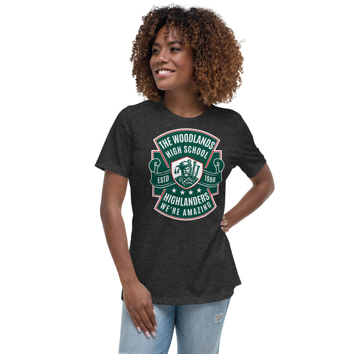 Woman wearing The Woodlands High School Highlanders Dark Grey Heather Women's T-shirt 208