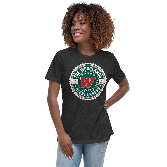 WOman wearing The Woodlands High School Highlanders Dark Grey Heather Women's T-shirt 202