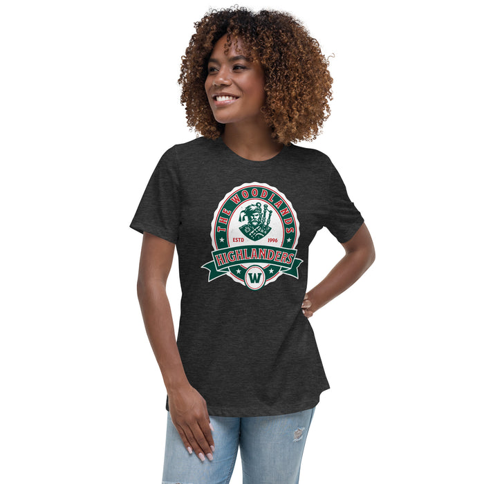 Woman wearing The Woodlands High School Highlanders Dark Grey Heather Women's T-shirt 210