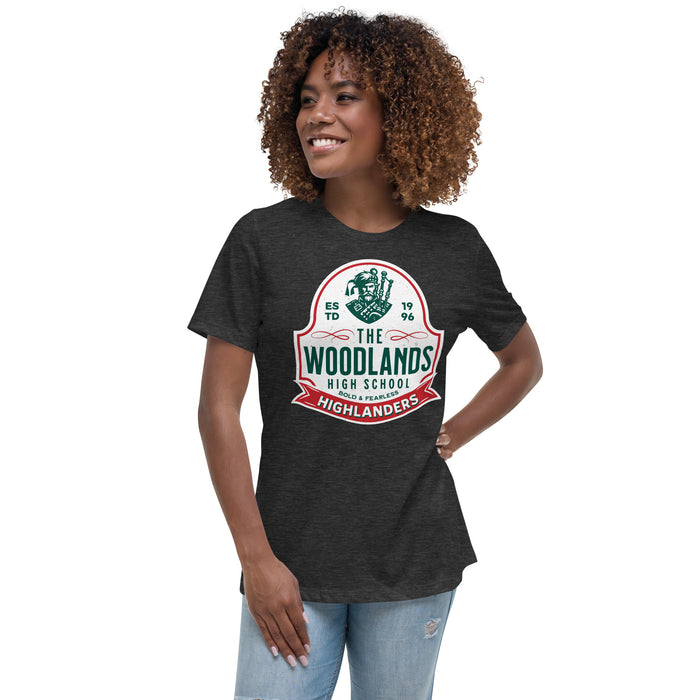 Woman wearing The Woodlands High School Highlanders Dark Grey Heather Women's T-shirt 218