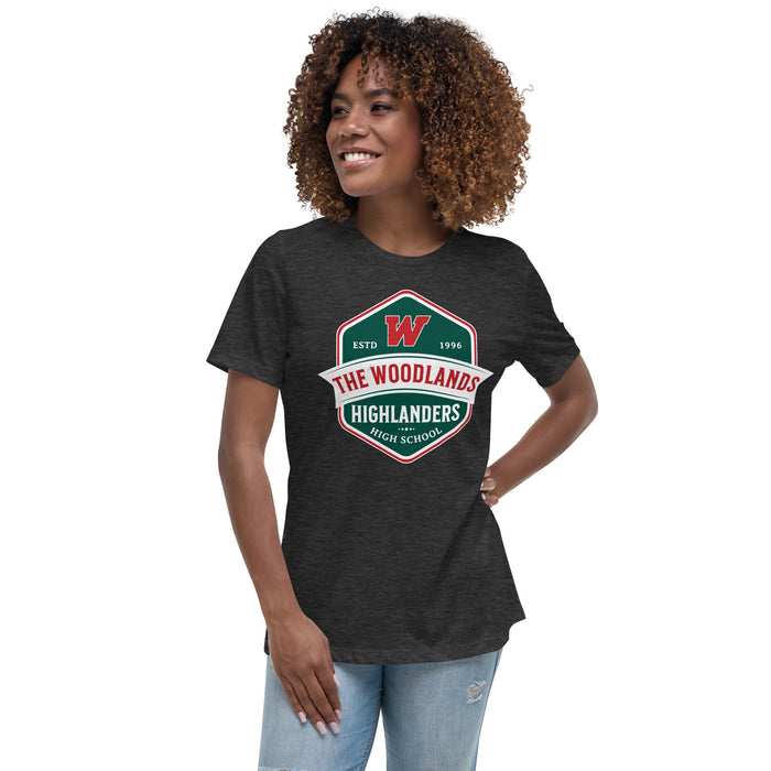 Woman wearing The Woodlands High School Highlanders Dark Grey Heather Women's T-shirt 206