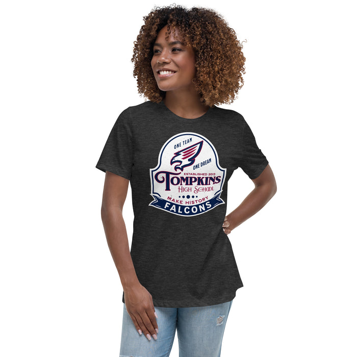 Woman wearing Tompkins High School Falcons Women's Dark Grey T-shirt 219