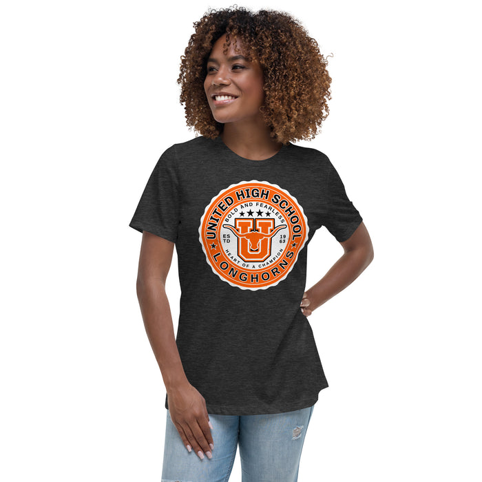 Woman wearing United High School Longhorns Women's Dark Grey T-shirt 216