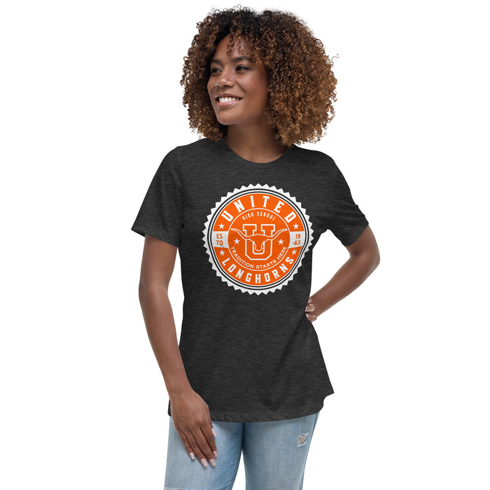 Woman wearing United High School Longhorns Women's Dark Grey T-shirt 203