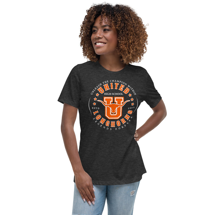 Woman wearing United High School Longhorns Women's Dark Grey T-shirt 214