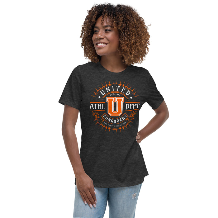 Woman wearing United High School Longhorns Women's Dark Grey T-shirt 201