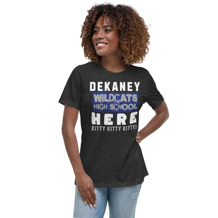 Woman wearing Dekaney High School Wildcats Women's Dark Grey Heather T-shirt 231