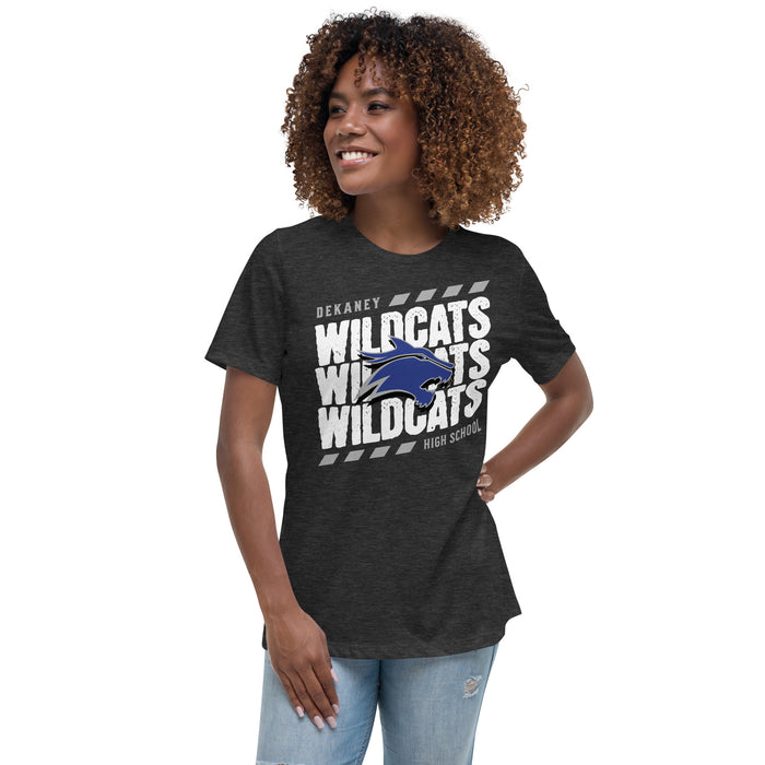 Woman wearing Dekaney High School Wildcats Women's Dark Grey Heather T-shirt 223
