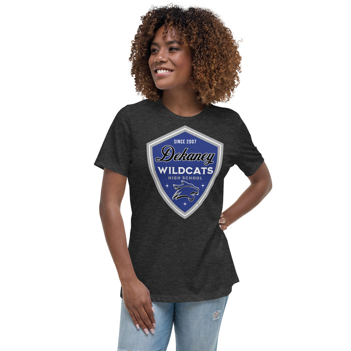 Woman wearing Dekaney High School Wildcats Women's Dark Grey Heather T-shirt 225