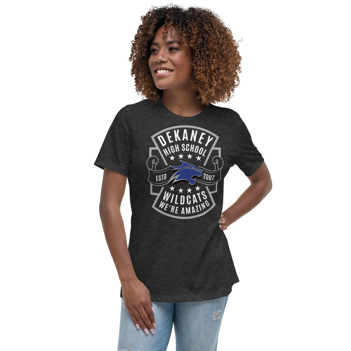 Woman wearing Dekaney High School Wildcats Women's Dark Grey Heather T-shirt 207