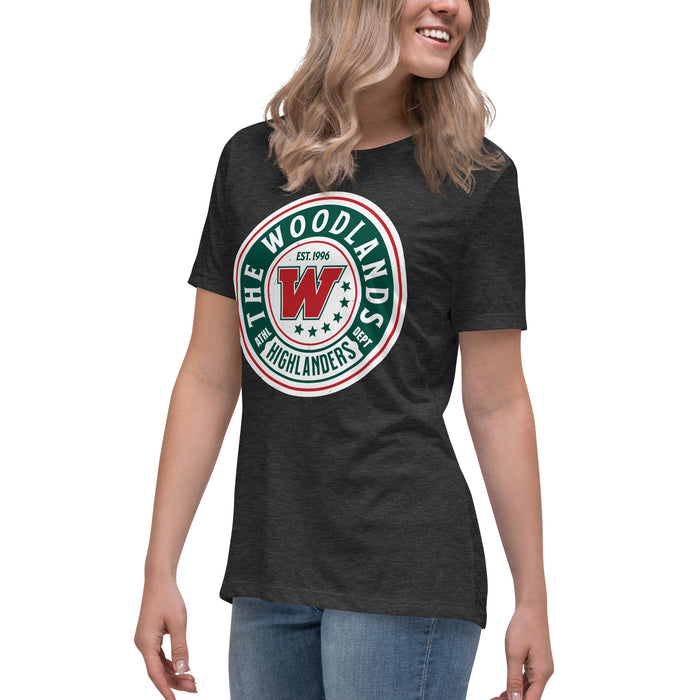 Side view of The Woodlands High School Highlanders Dark Grey Heather Women's T-shirt 219