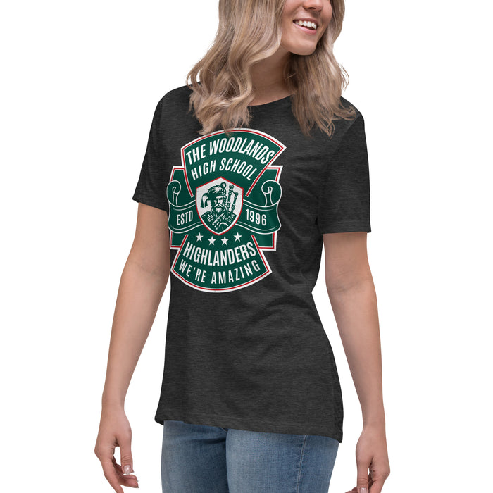 Side view of The Woodlands High School Highlanders Dark Grey Heather Women's T-shirt 208