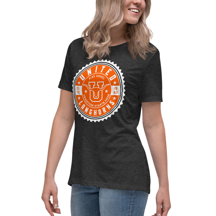 Side view of United High School Longhorns Women's Dark Grey T-shirt 203