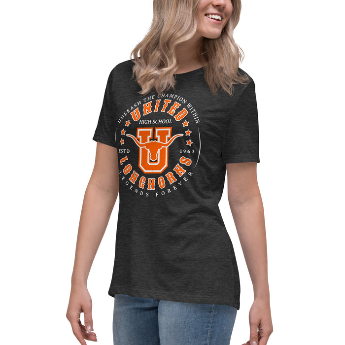 Side view of United High School Longhorns Women's Dark Grey T-shirt 214