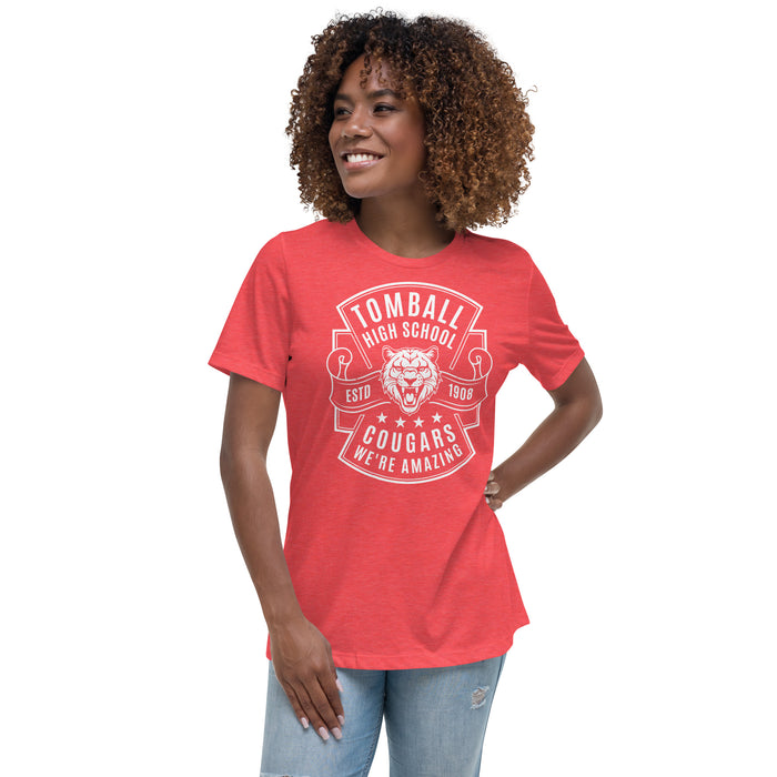 Woman wearing Tomball High School Cougars Women's Red Heather T-shirt 207