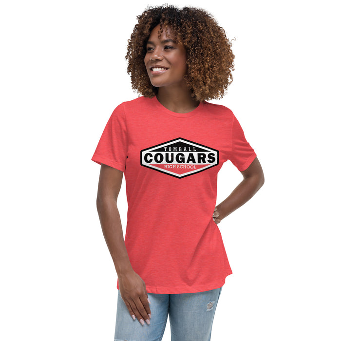 Woman wearing Tomball High School Cougars Women's Red Heather T-shirt 009