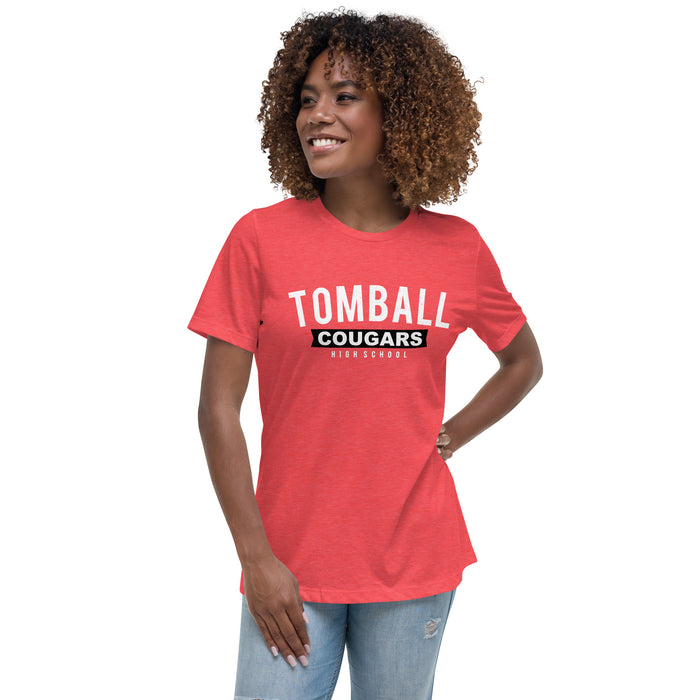 Woman wearing Tomball High School Cougars Women's Red Heather T-shirt 021 