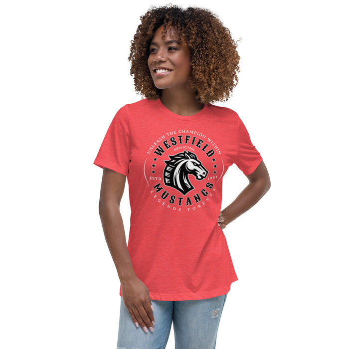 Woman wearing Westfield High School Mustangs Women's Heather Red T-shirt 214