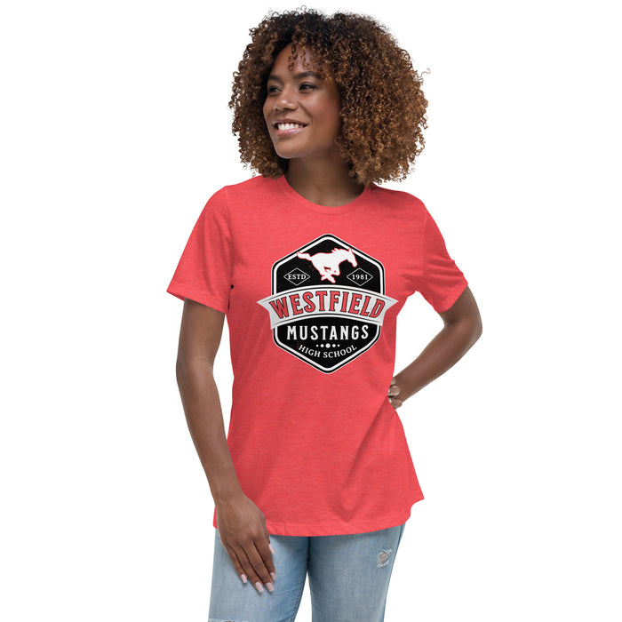 Woman wearing Westfield High School Mustangs Women's Heather Red T-shirt 209