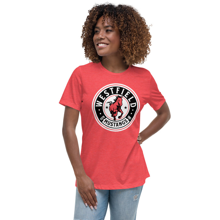 Woman wearing Westfield High School Mustangs Women's Heather Red T-shirt 220