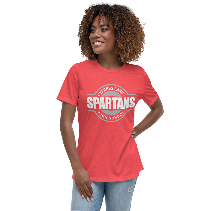 Woman wearing Cypress Lakes High School Spartans Heather Red Women's T-shirt 011