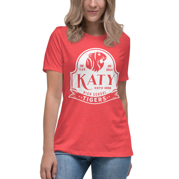Woman wearing Katy High School Tigers Women's Relaxed Fit T-shirt 219