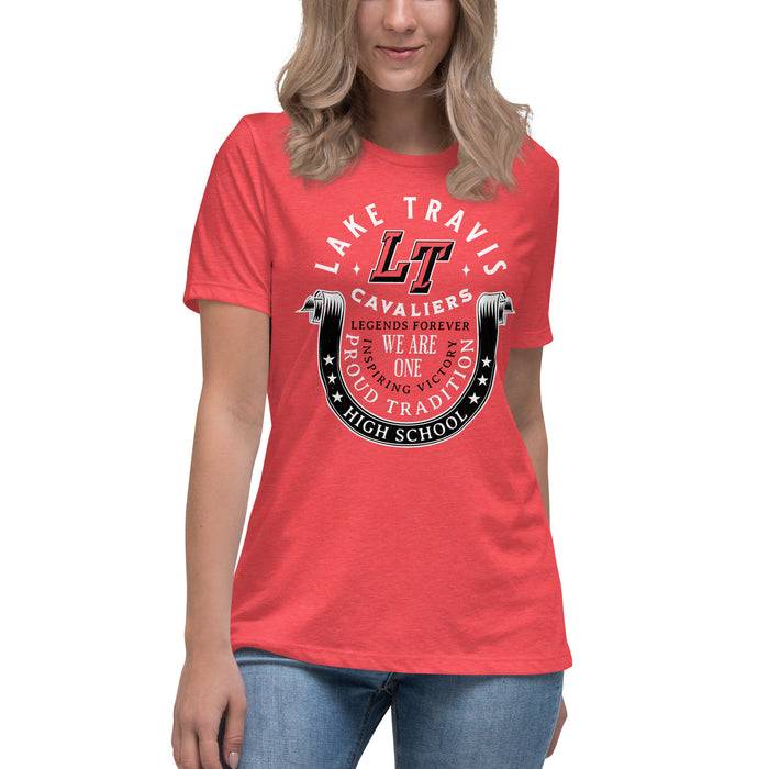Woman wearing Lake Travis High School Cavaliers Women's Relaxed Fit T-shirt 229